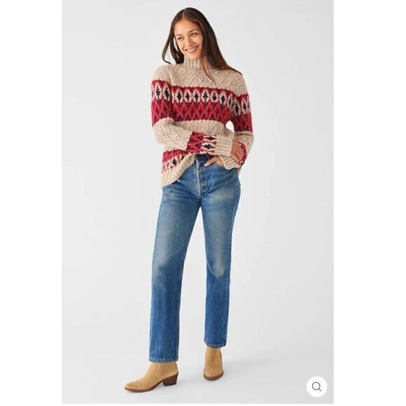 Faherty Women’s Frosted Fairisle Turtleneck Wool Alpace Blend Sweater Tan Purple - Picture 9 of 10